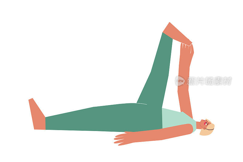 向量概念与扁平的运动金发女人学习伸展姿势Supta Padangusthasana在瑜伽课。初学者健身运动-手斜向大脚趾的姿势